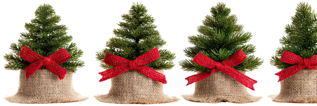 Three mini green Christmas trees wrapped in burlap bases with red ribbons on transparent background