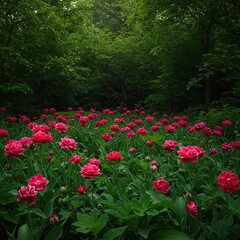 A breathtaking garden filled with diverse blossoms and rich green foliage captures the vibrant beauty of natural life and vigorous growth during the warm season ,sweet ,cultivation ,seasonal