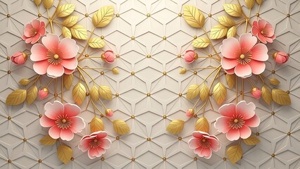 Symmetrical arrangement of pink and yellow flowers with golden leaves on textured background