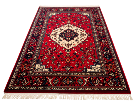 A red patterned carpet with a central cream diamond design on a black background