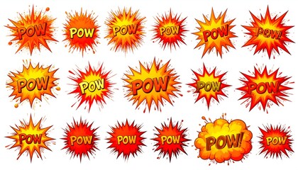 Cartoon explosions with "POW" text in various sizes and fiery colors on a white background