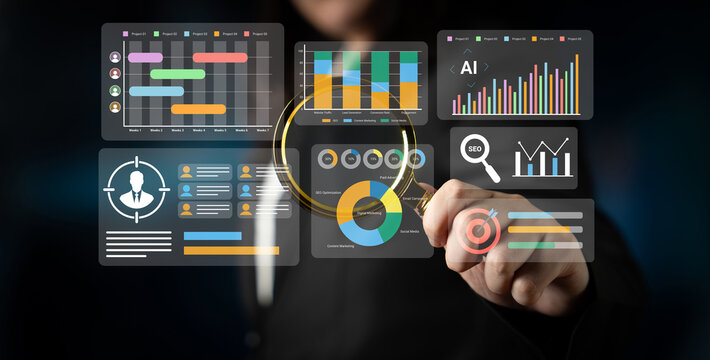 Modern visualization of data analysis and business intelligence featuring technology concepts and user interface elements. Innovative charts and graphs depict insights. Gantry - Powered by Adobe