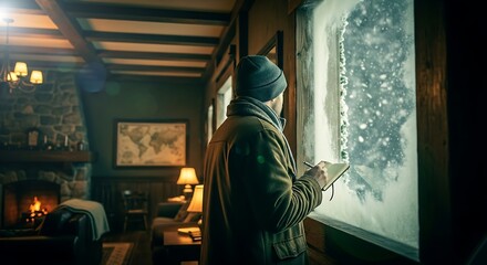 Fototapeta premium Escape to cozy cabin life as man gazes at winter wonderland snowfall writing notes by warm fireplace