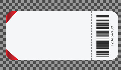 Blank white ticket or coupon template with rounded corners and a barcode on the right side, featuring a small red accent detail on the left corner, perfect for event entry or discount promotion mockup
