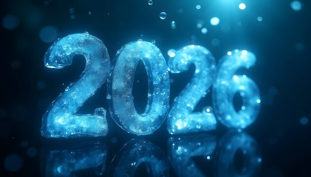 Glowing Blue Ice Numbers 2026 with Water Droplets and Bokeh