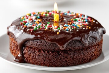 Sweet Celebration: A delectable, freshly baked chocolate cake, adorned with colorful sprinkles and a single, flickering candle, sits invitingly on a pristine white plate.