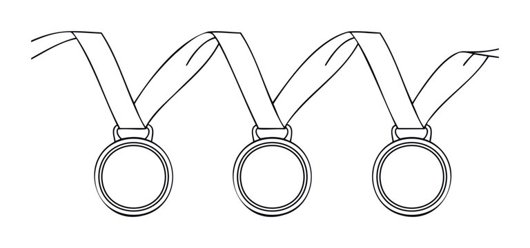 Three golden medals hanging on ribbons, symbolizing achievement and victory, perfect for sports, competitions, and award recognition graphics.