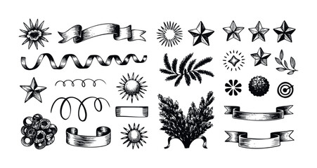Fototapeta premium Collection of handdrawn sketch elements including stars, ribbons, sunbursts, foliage, and abstract shapes perfect for graphic design and decoration projects
