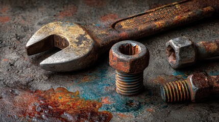 A close-up of rusted tools, including a wrench and bolts, resting on a textured surface, showcasing age and wear.