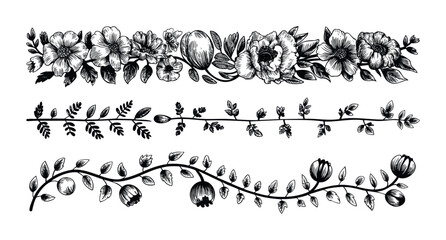 Vintage floral borders and leafy branches for elegant decorative accents in invitations, stationery, and feminine branding projects