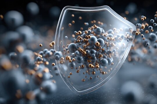 Protective Barrier: A mesmerizing display of microscopic spheres and particles, a symbol of defence and safeguard, shielded by a transparent, contoured form. 