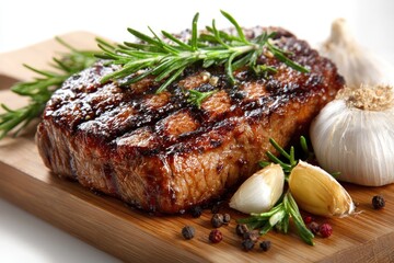 Grilled Steak Culinary Delights: A mouthwatering, expertly grilled steak rests on a rustic wooden cutting board, adorned with aromatic rosemary sprigs, cloves of garlic, and a sprinkle of peppercorns.