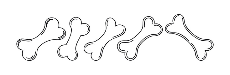 Set of stylized dog bones in black outline for graphic use in pet related projects or playful themes