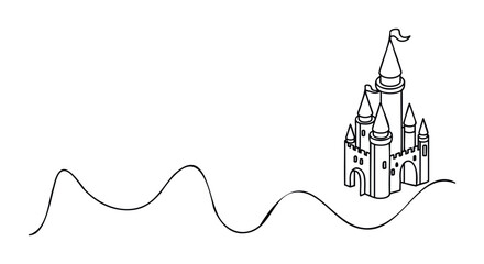 Whimsical line drawing of a fairytale castle perched atop rolling hills, perfect for storybook themes, childrens content, and invitations.