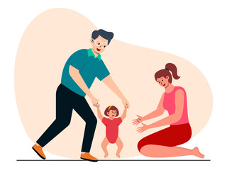 A father holds his child's hand to help his baby learn to walk towards his mother. Big family vector illustration. Flat illustration.