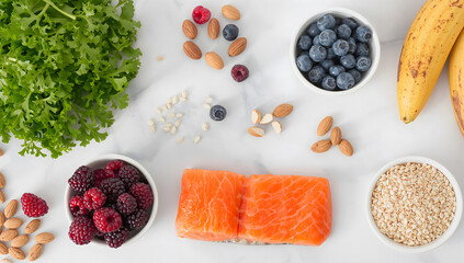 Healthy lifestyle concept featuring a colorful array of fresh foods such as salmon, blueberries, raspberries, and almonds for a balanced diet