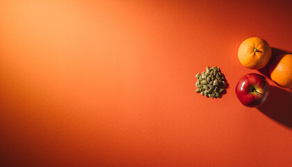 Vibrant flat lay featuring fresh oranges, a shiny red apple, and nutritious pumpkin seeds arranged on a warm, inviting surface for healthy living concepts