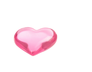 A semi-translucent pink heart object with light reflections isolated against a solid black background