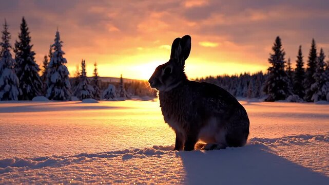Lone rabbit pauses in snowy landscape during a breathtaking golden sunset