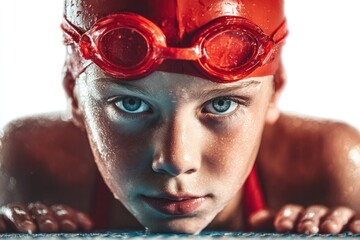 Focused Swimmer: A young athlete, immersed in the world of aquatic sports, stares intensely forward, embodying focus and determination in this close-up shot, wearing a cap and goggles.