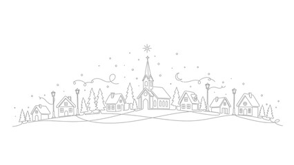 Minimalist winter village line drawing with church steeple and star serene landscape
