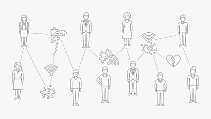 Illustrated social network with people connected by lines, puzzles, and wifi signals
