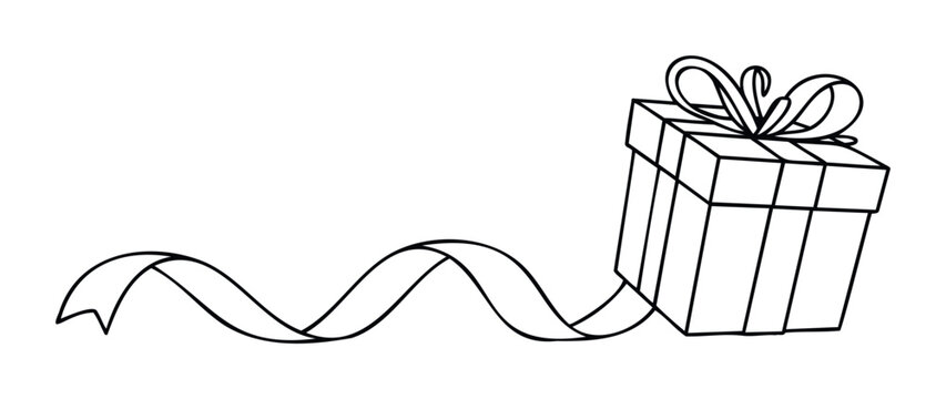 Gift box with flowing ribbon for celebrations like birthdays or holidays, perfect for promotions and greetings, conveying joy and surprise, a simple line drawing suitable for various