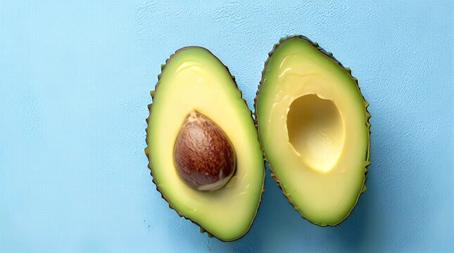 A top-down shot showcases a split avocado, one half with a pit, resting on a textured, light blue surface. The color contrast is pleasing