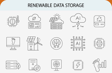 renewable data storage green energy footprint line vector icons set