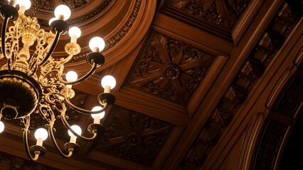 An elegant golden chandelier casts a warm glow on a richly carved wooden ceiling highlighting architectural beauty.