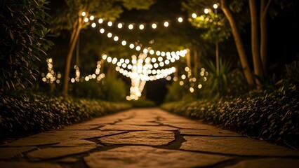 A stone path leads towards string lights illuminating a garden at night.