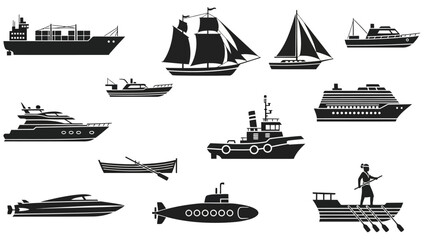 Diverse nautical vessels in striking black silhouettes on a clean white background showcasing