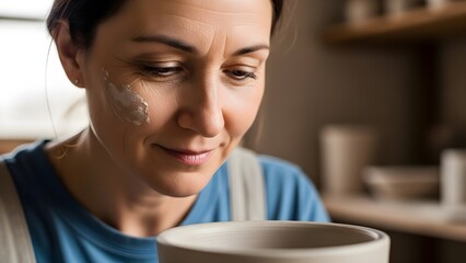 Woman with clay smudge on cheek happily working on pottery