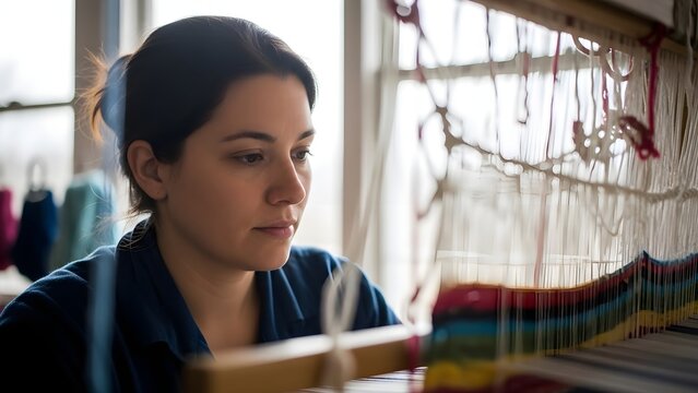 Woman weaving colorful threads on a loom in a bright studio.