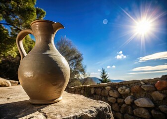 A simple yet elegant stone jug stands prominently in a sunlit outdoor setting