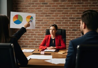 Business professionals discussing a colorful pie chart presentation in a modern office setting with brick walls