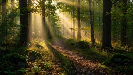 Naklejka premium A beautiful, mystical forest scene with a dirt path winding between tree trunks. Dramatic golden sunbeams (crepuscular rays) cut through the mist, illuminating the path and green foliage. Peaceful and