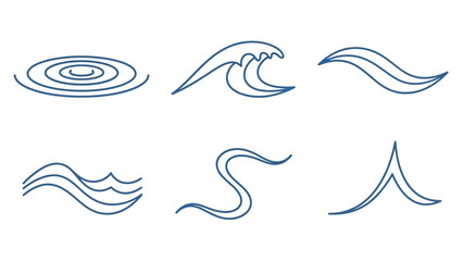 Collection of simple line art water illustrations depicting waves, ripples and abstract fluid shapes