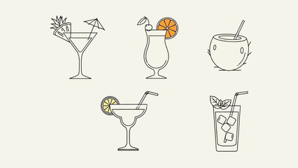 Collection of refreshing tropical drink illustrations for summer vibes and vacation themes