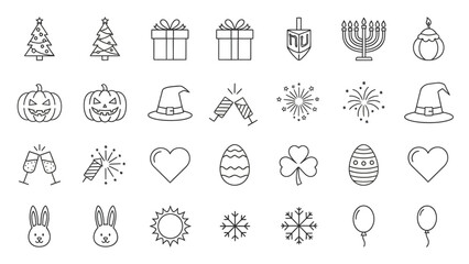 Collection of holiday symbols and celebration elements in linear vector style design