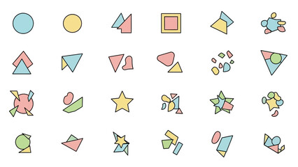 Collection of geometric shapes illustrations exhibiting pastel color palettes and black outlines