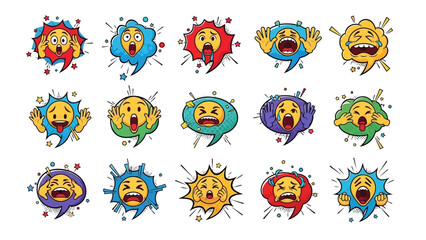 Collection of expressive emoji faces bursting from speech bubbles offering a spectrum of emotive
