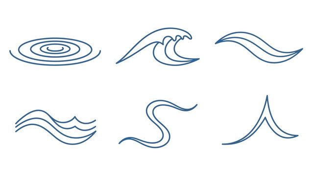 Collection of simple line art water illustrations depicting waves, ripples and abstract fluid shapes