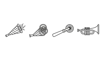 Celebration Icons: Black and white graphic of party favors and musical instruments  perfect for