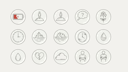 Assorted minimal line art icon set depicting diverse concepts and human emotions represented in a