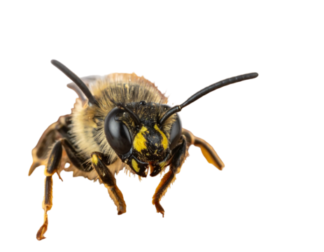 A small, fuzzy bee with striking yellow markings is isolated against a dark background, focusing directly forward