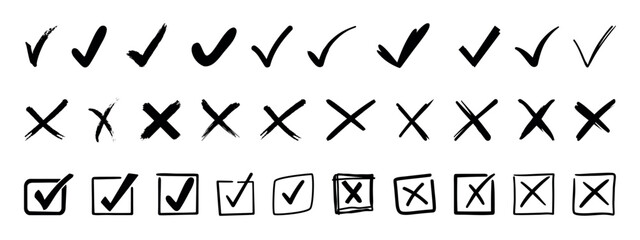 hand drawn check tick mark icon set. tick, cross signs for checkbox, checklist, v and x in sketch doodle brush marker checklist symbol wrong right circle. vector illustration