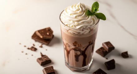Chocolate milkshake with whipped cream and mint on top