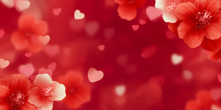 Soft focus red floral background with falling petals and hearts