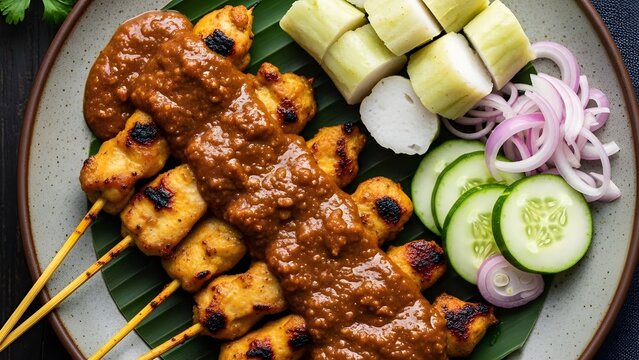 Delicious chicken satay skewers drizzled with peanut sauce, a vibrant culinary journey offering a taste of Southeast Asian cuisine and authentic flavors